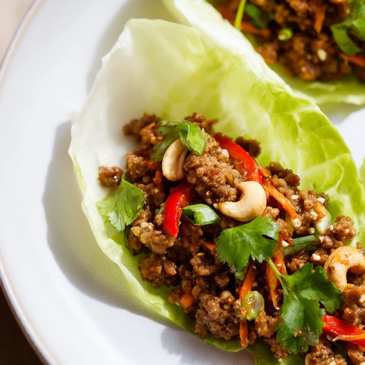 Crisp butter lettuce cups filled with savory ground beef mixture topped with crunchy toasted cashews and fresh coriander garnish