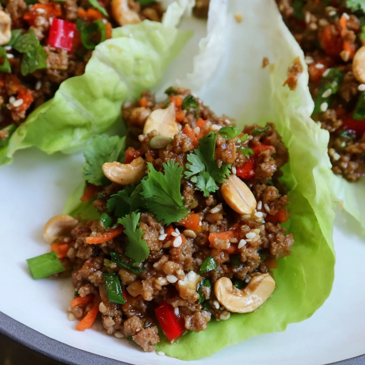 Fresh Asian-inspired lettuce wraps showcasing spiced ground beef and roasted cashews served with lime wedges on white plate