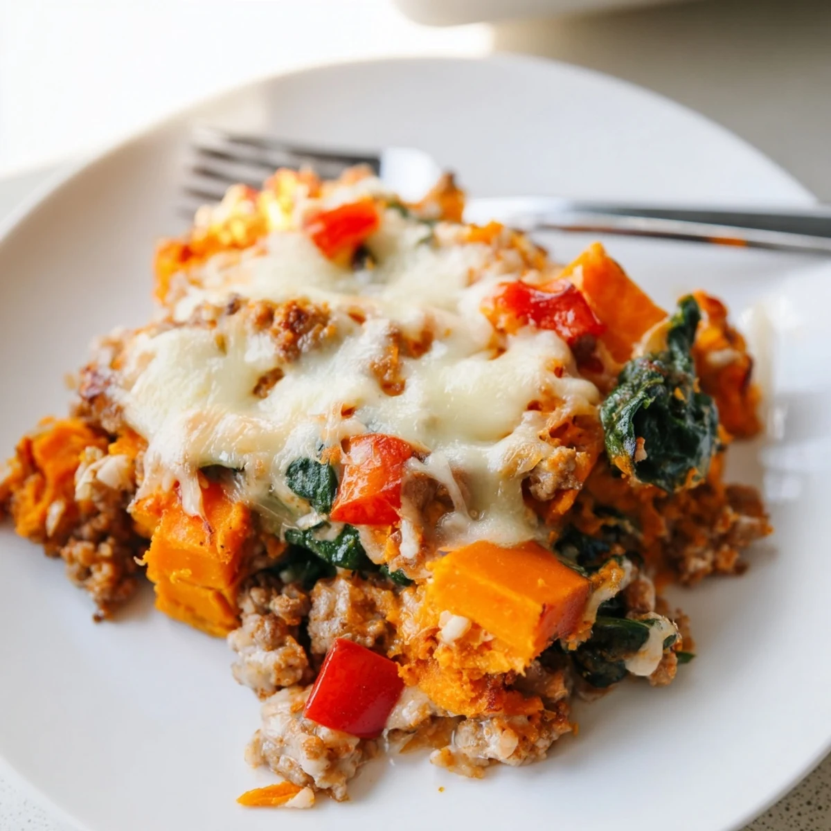 Golden bubbly ground turkey sweet potato bake casserole with melted cheese topping