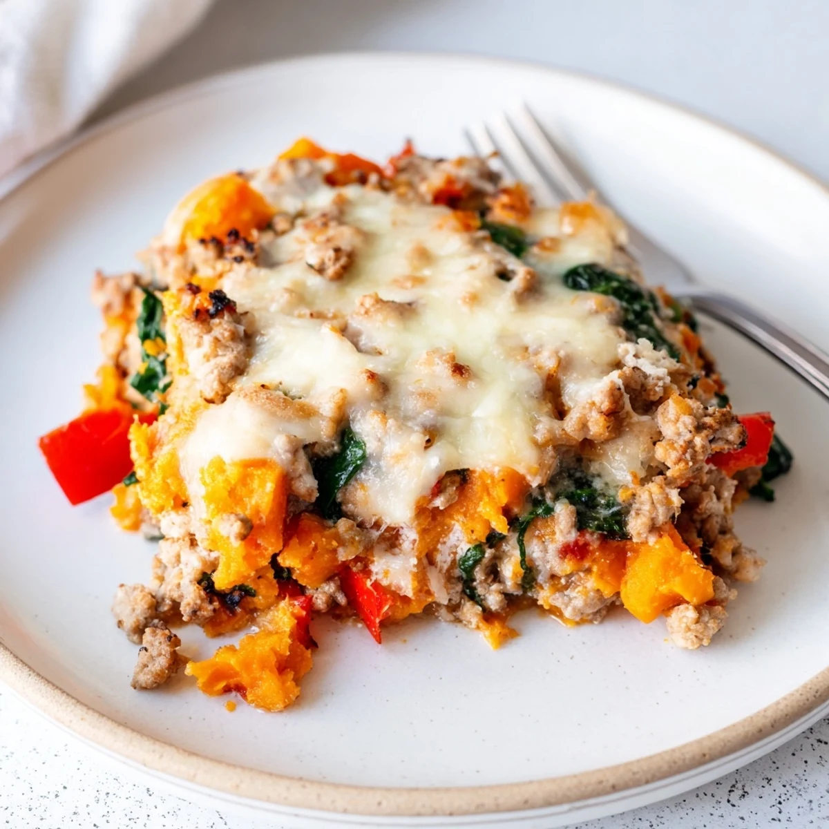 Hearty ground turkey sweet potato bake layered with colorful vegetables in a baking dish