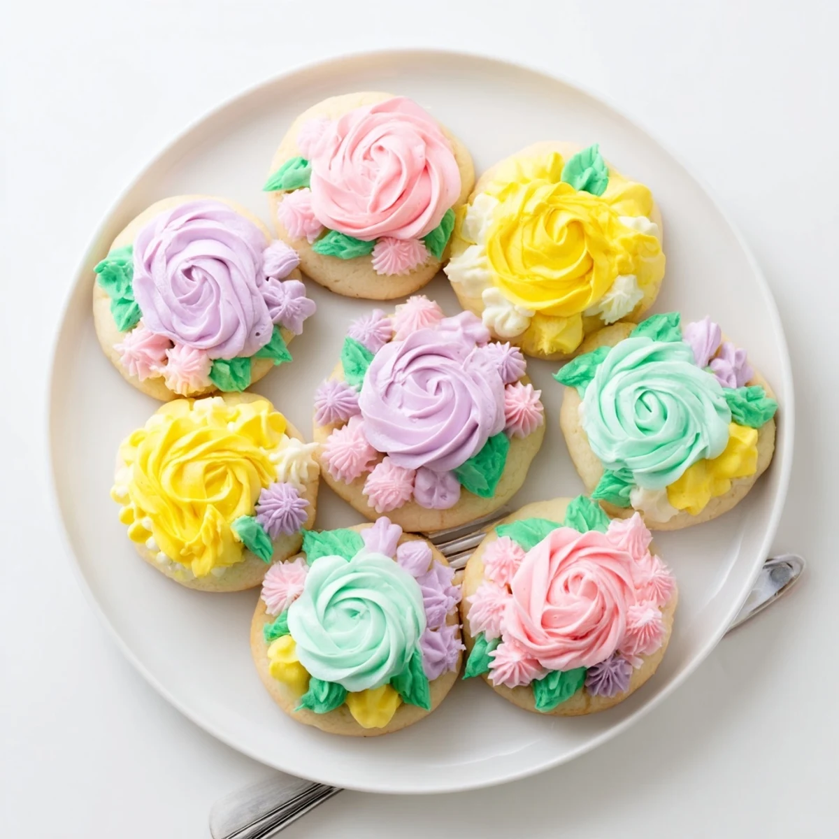 Golden sugar cookies topped with vibrant piped buttercream flowers in pink and yellow