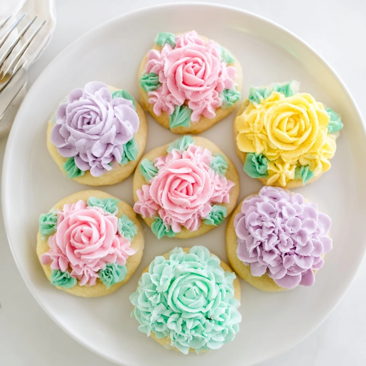 Decorated buttercream flower cookies arranged on white plate with colorful rose and daisy designs