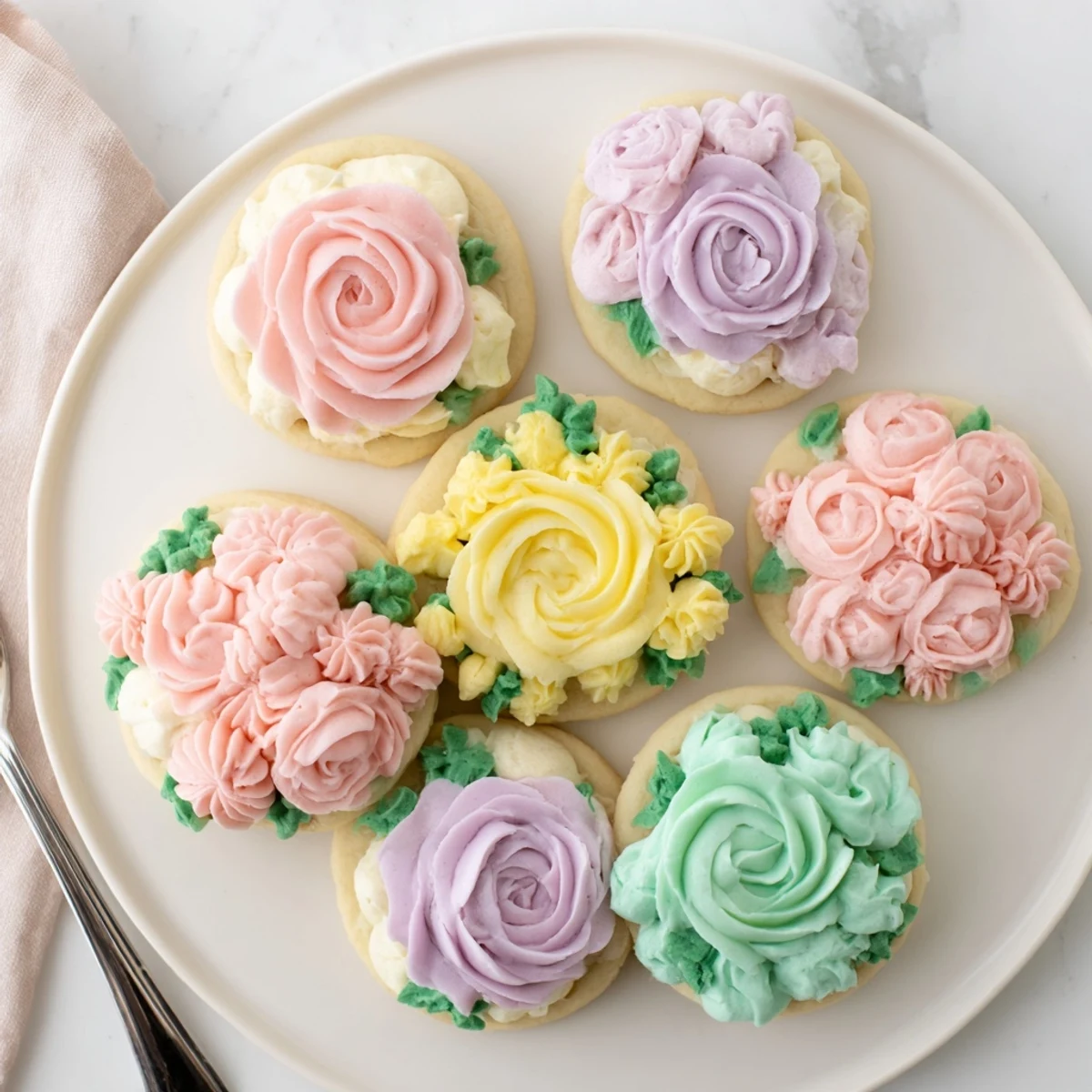 Close up of delicate buttercream flower cookies with green leaves and pastel petals
