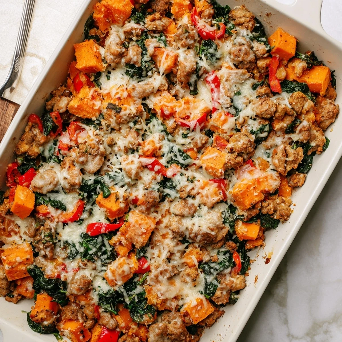Hearty gluten-free ground turkey sweet potato bake layered with tender vegetables and savory browned turkey