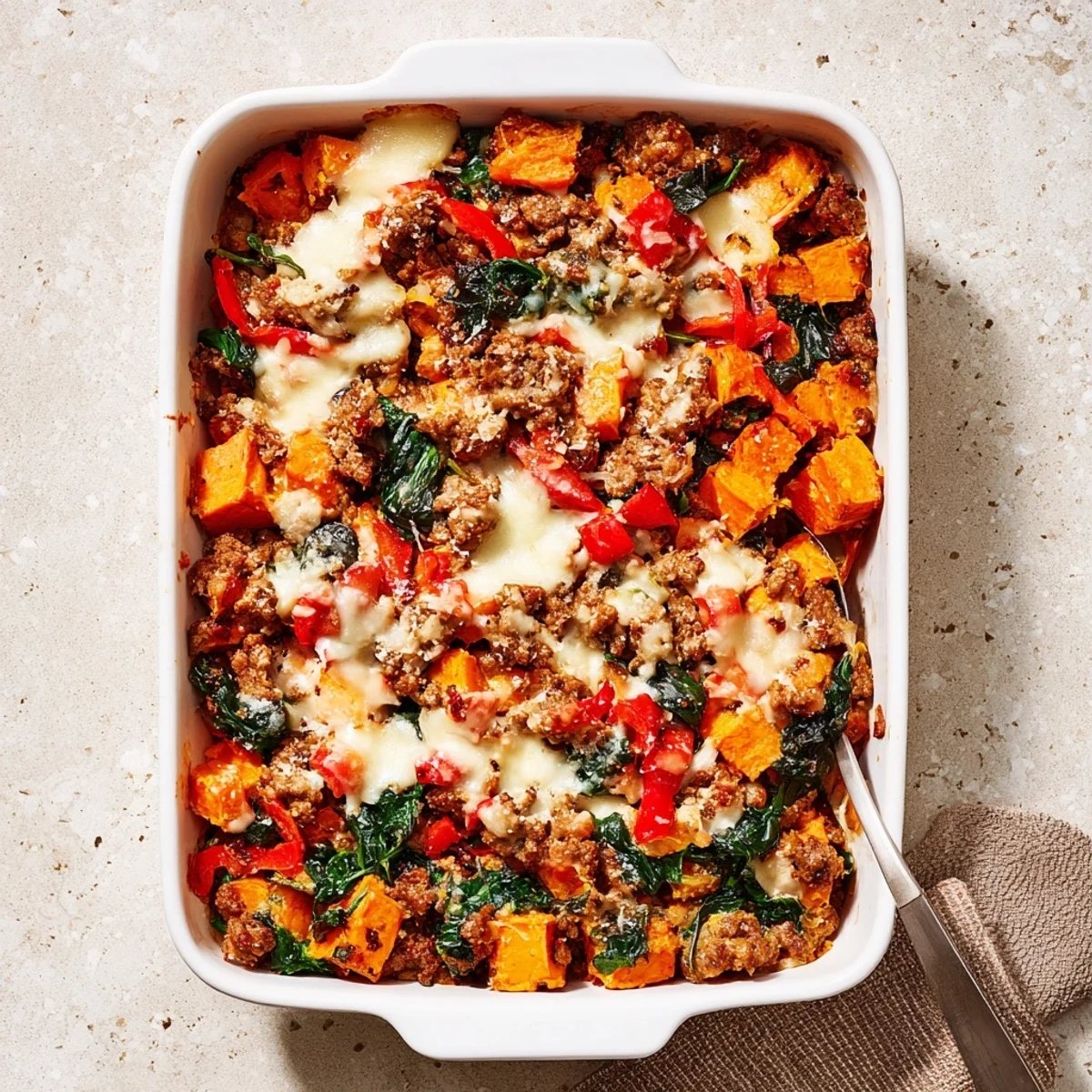 Golden bubbling ground turkey sweet potato bake casserole topped with melted mozzarella and parmesan cheese