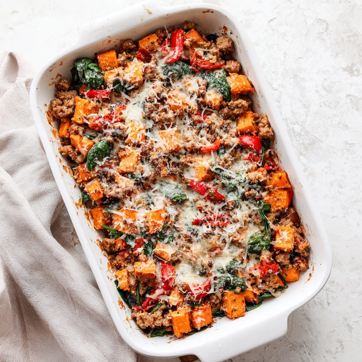 Comforting ground turkey sweet potato bake casserole served hot with golden cheese crust and diced vegetables