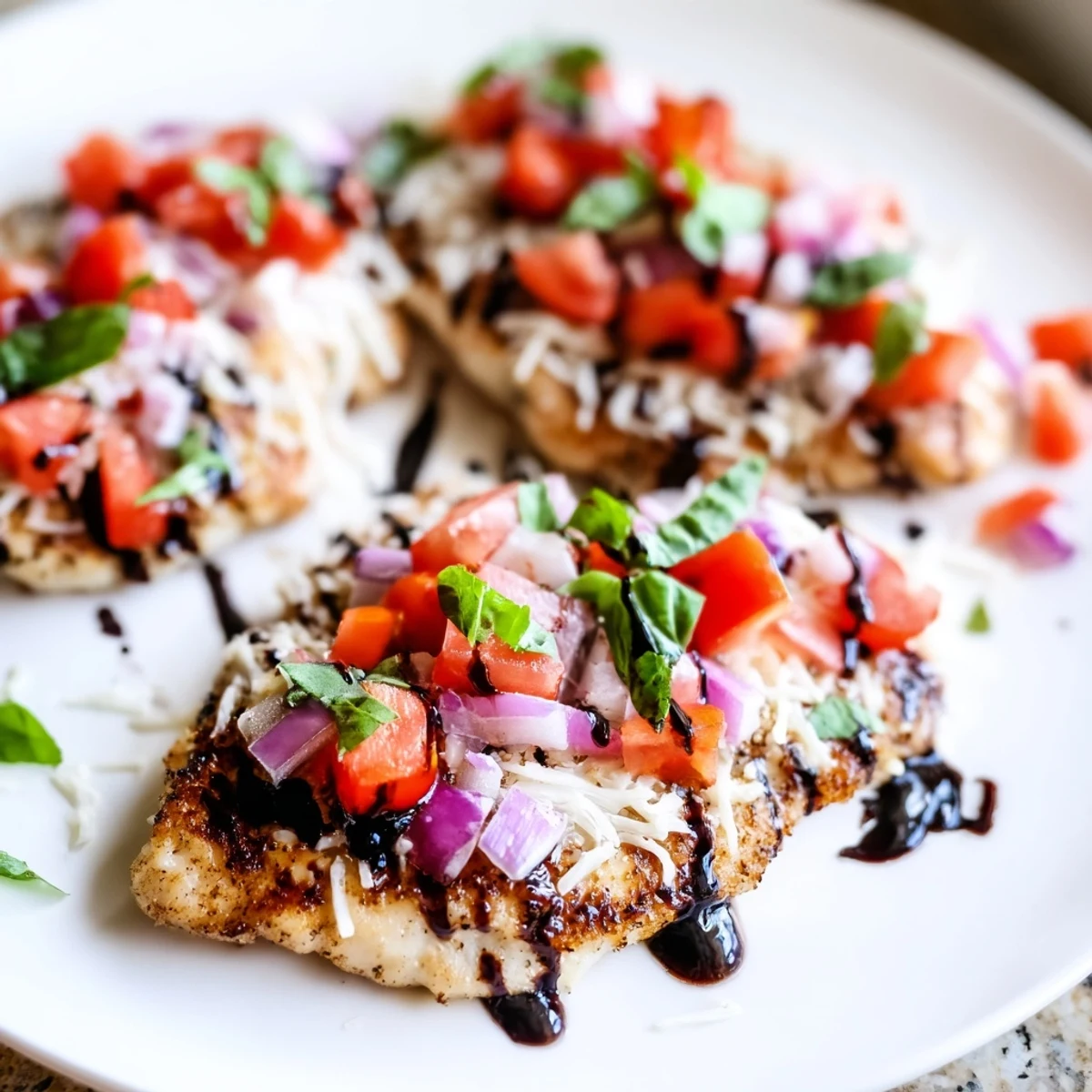 Golden pan-seared Bruschetta Chicken topped with fresh diced tomatoes and basil