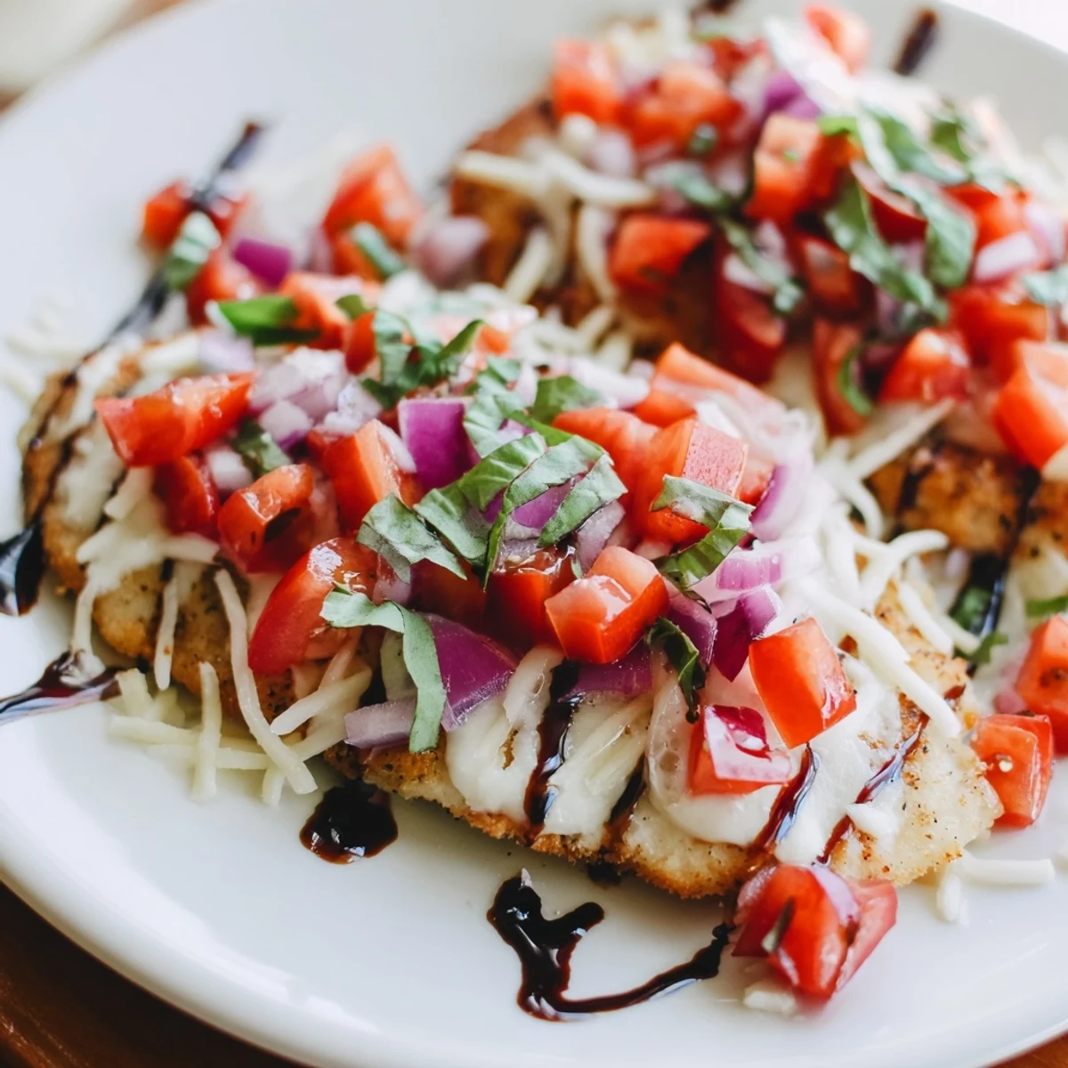 Baked chicken breast topped with colorful tomato bruschetta and finished with balsamic glaze