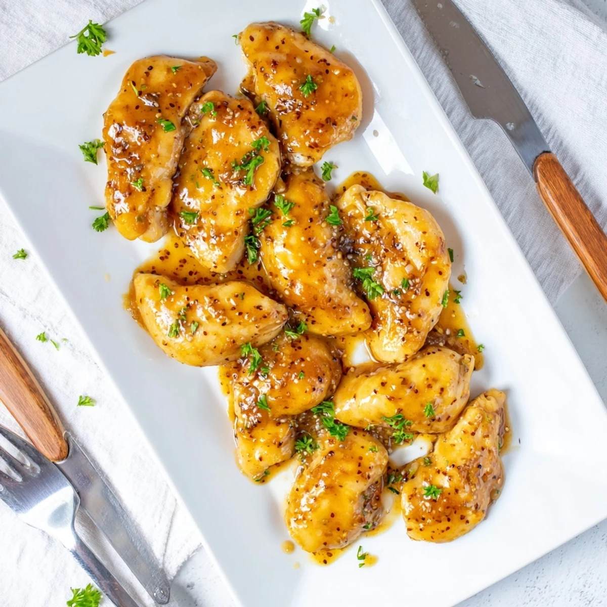 Juicy chicken pieces coated in honey mustard mixture baked until caramelized and tender