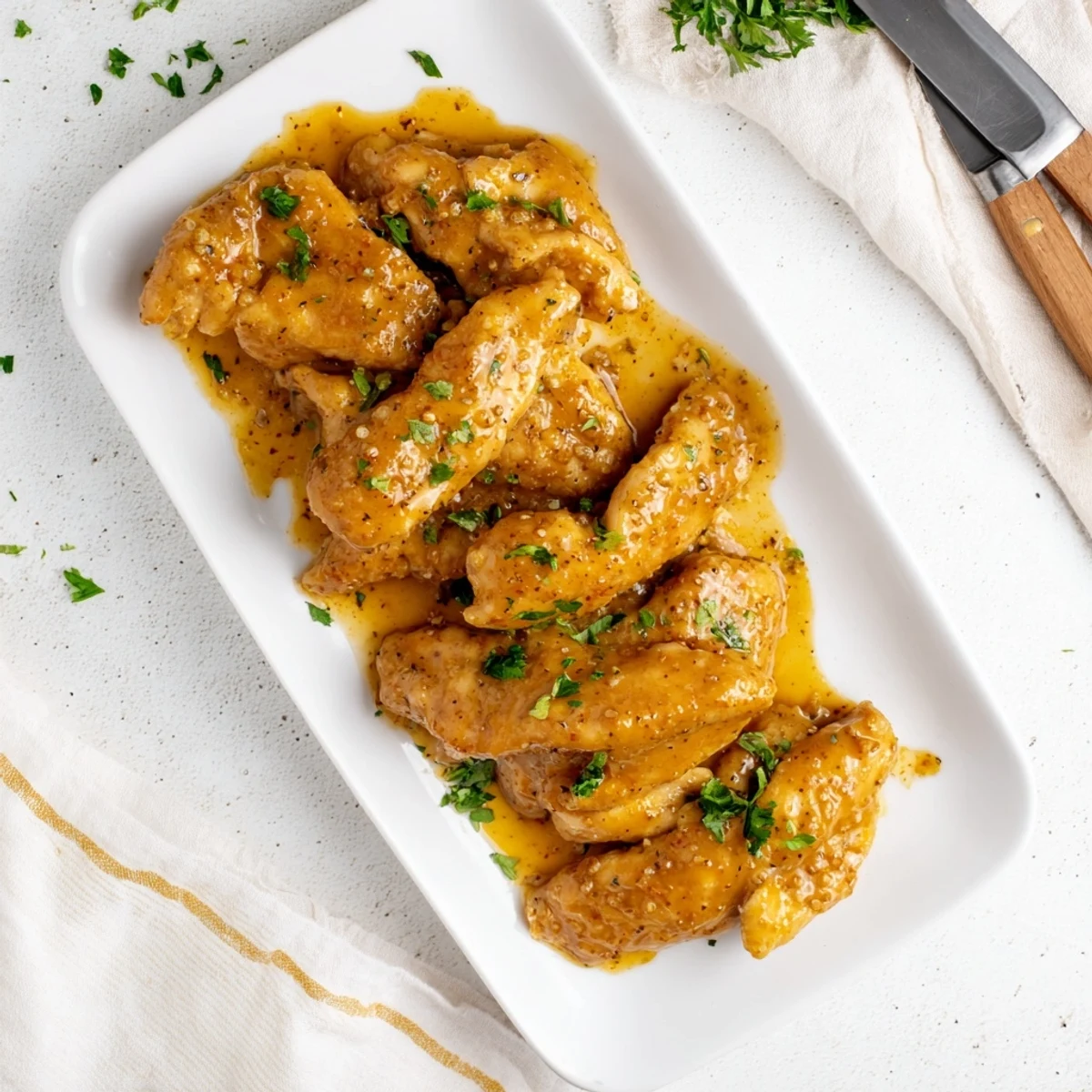 Weeknight dinner featuring oven baked honey mustard chicken served with fresh parsley garnish
