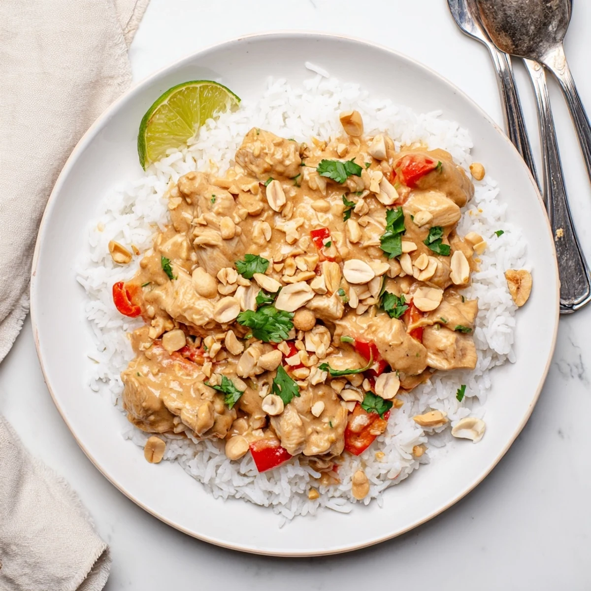 Slow cooker peanut chicken served over fluffy jasmine rice with chopped roasted peanuts and fresh cilantro garnish