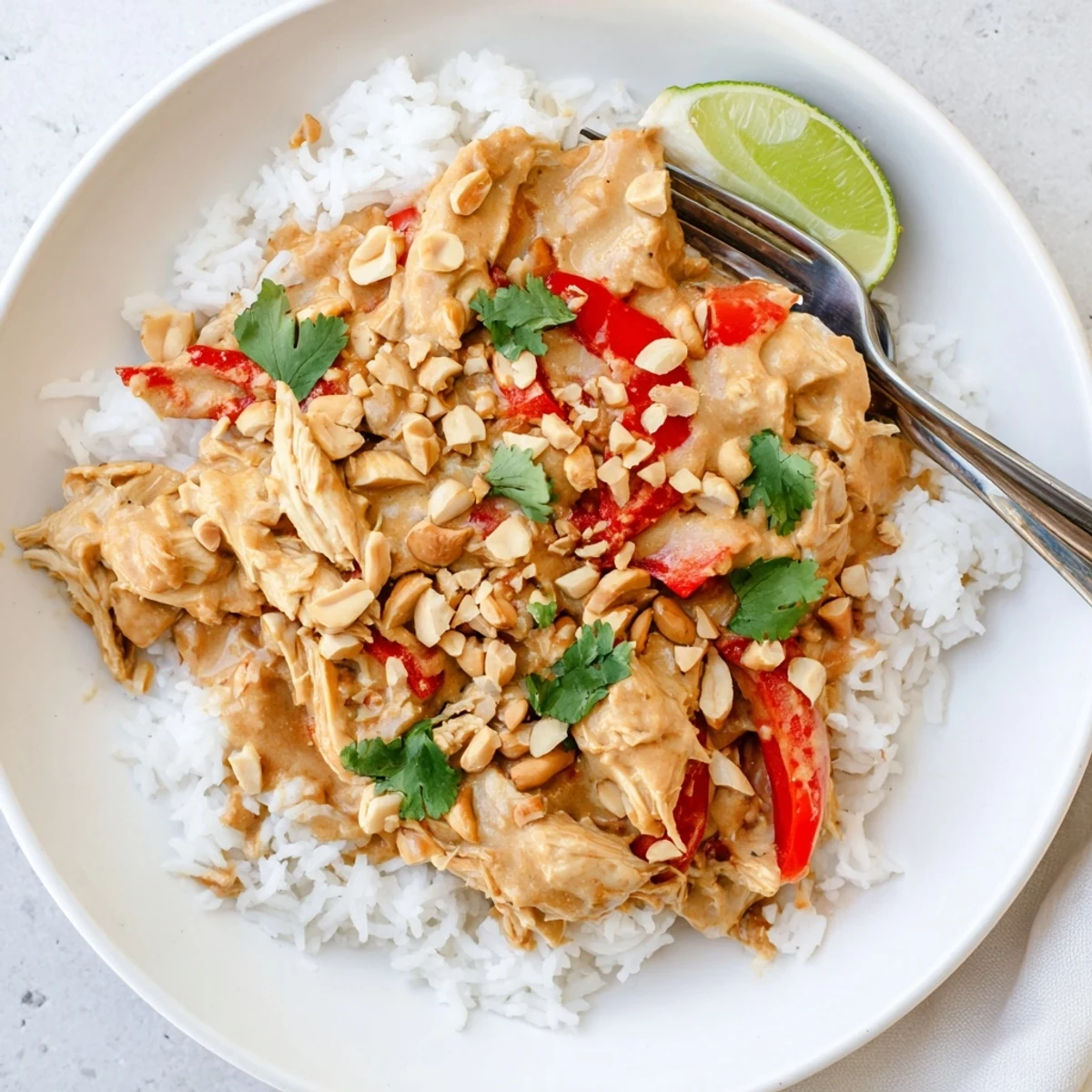 Tender shredded chicken thighs coated in creamy peanut ginger sauce with sliced red bell peppers and lime wedges