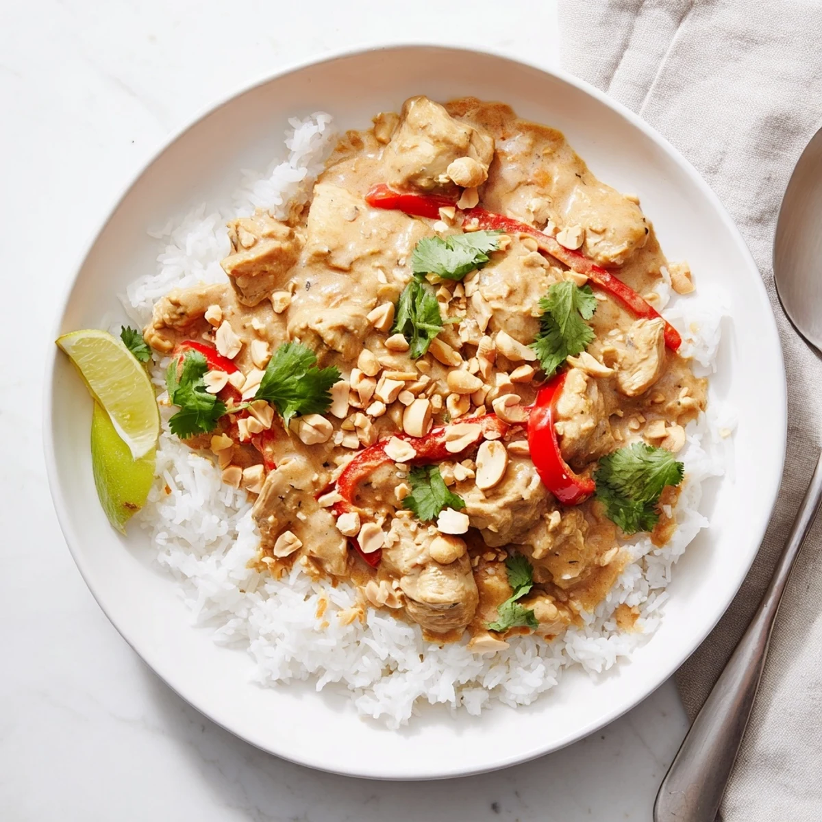 Rich Asian-inspired peanut chicken dish garnished with cilantro and crunchy peanuts on a bed of steamed white rice