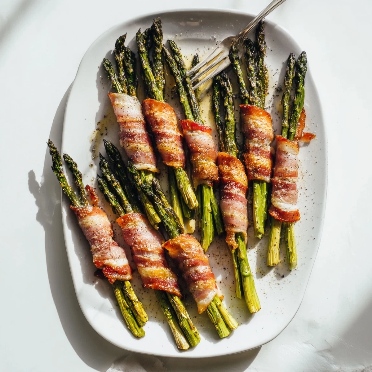 Crispy bacon wrapped asparagus bundles roasted until golden and served on a white platter