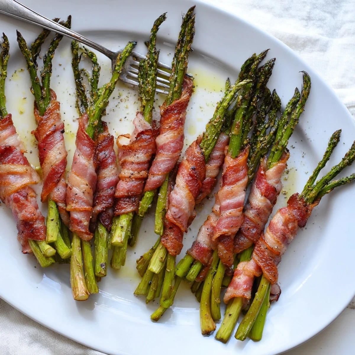 Tender green asparagus spears spiraled with smoky bacon cooked to perfect crispiness