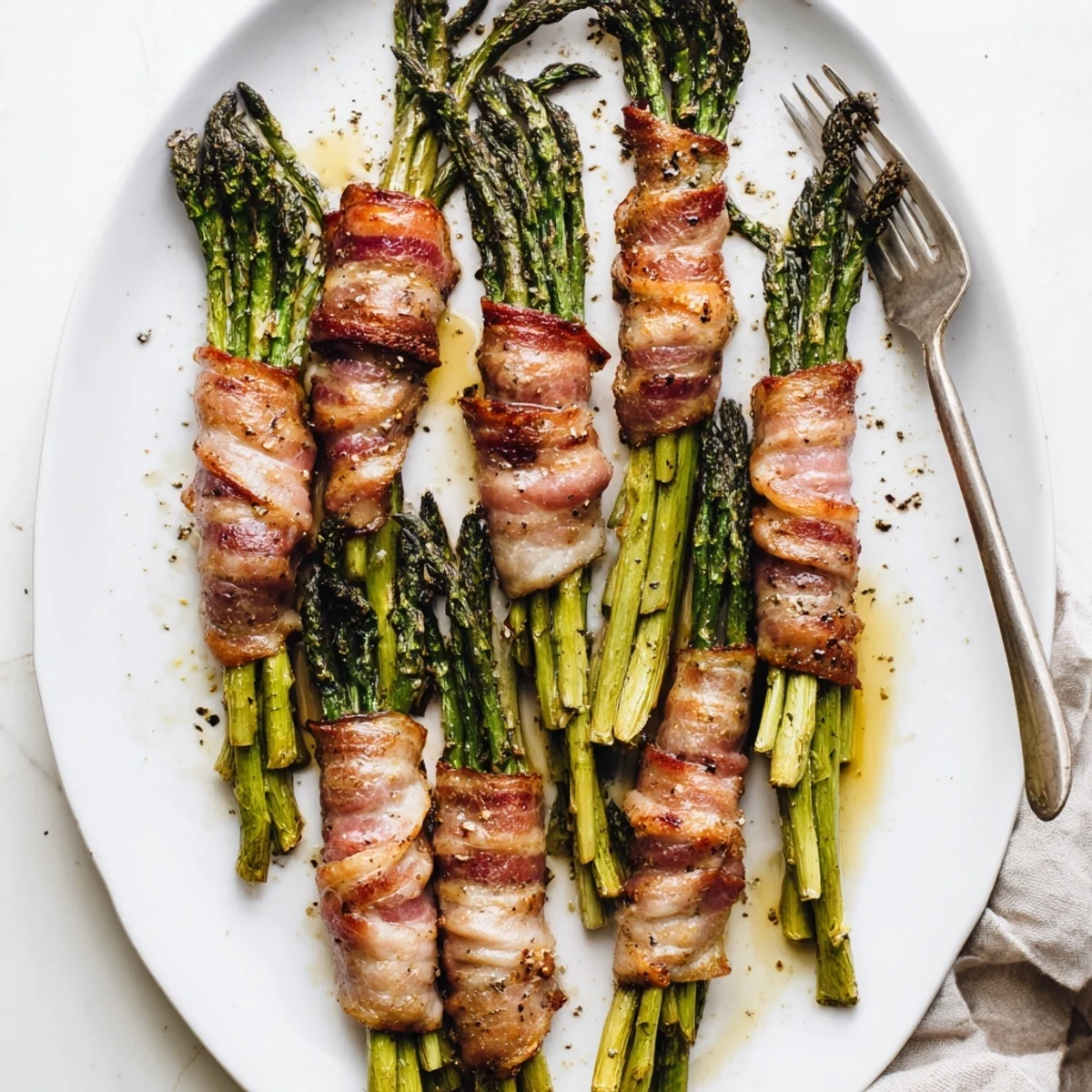 Oven roasted bacon wrapped asparagus appetizer with glistening fat and vibrant green stalks
