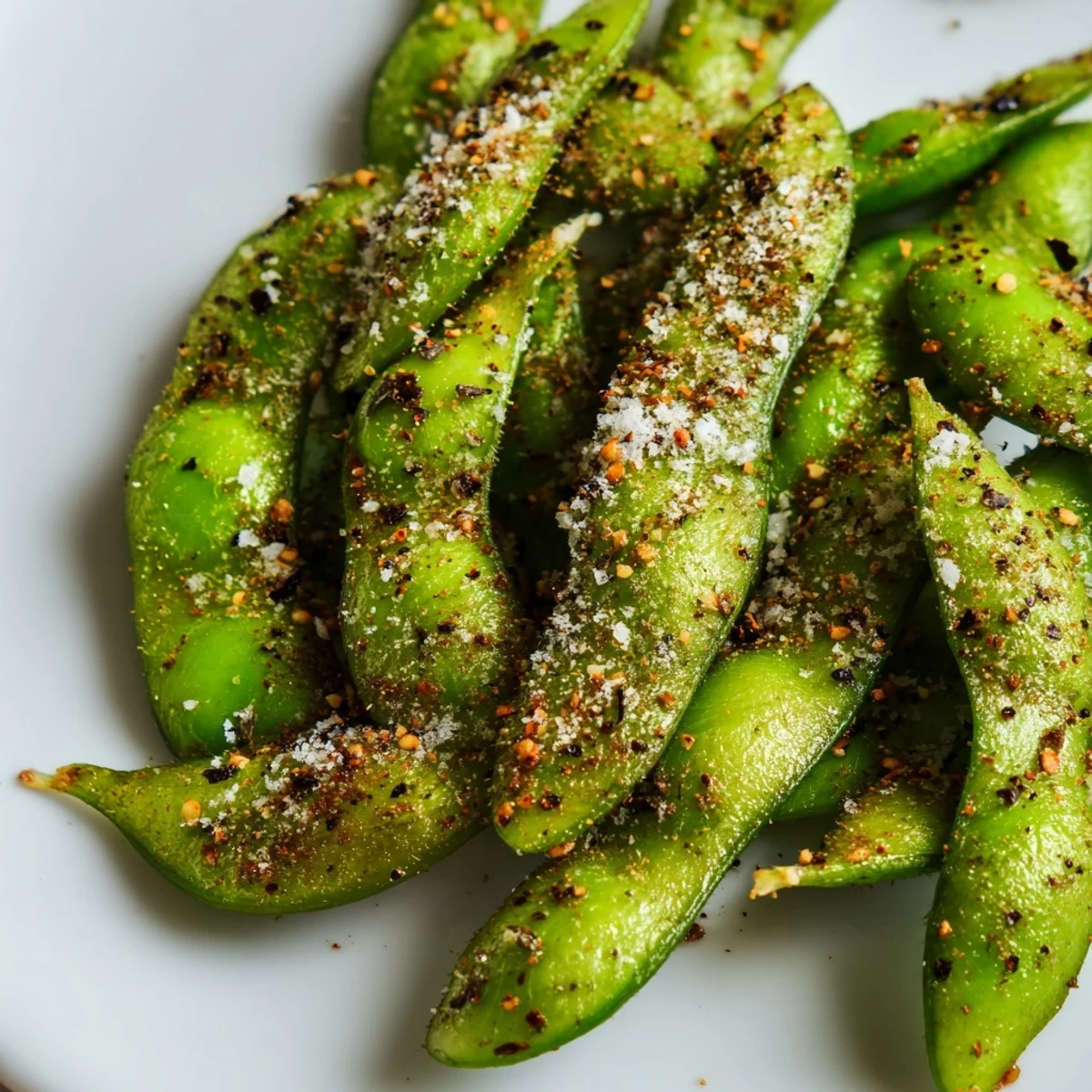 Golden air fryer edamame pods sprinkled with sea salt and sesame seeds in a serving bowl