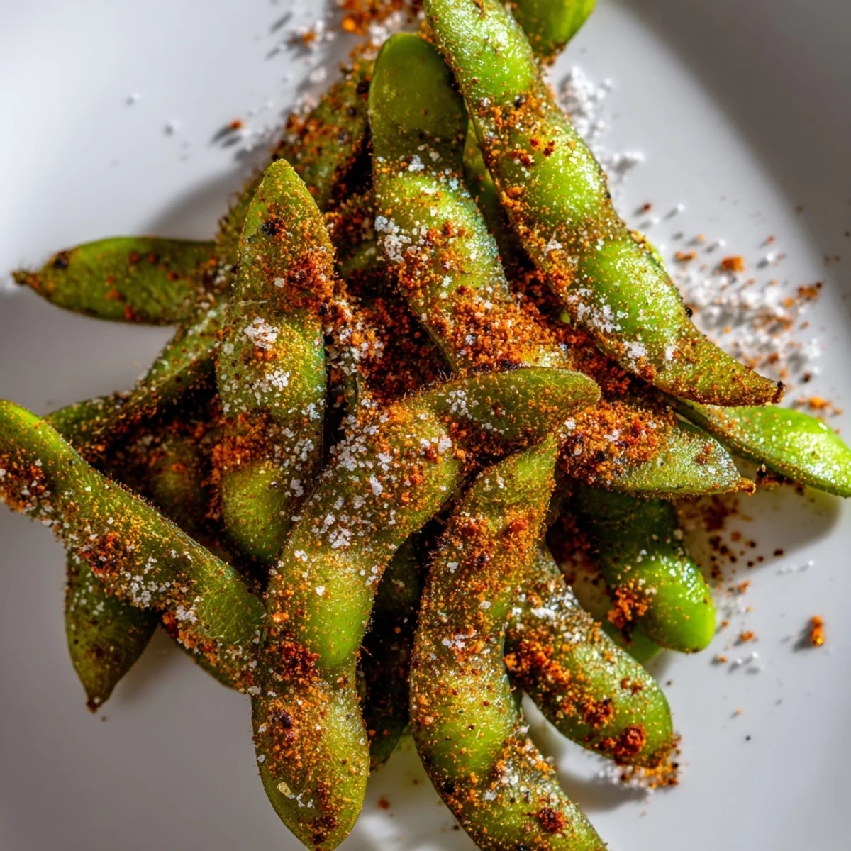 Lightly charred green edamame pods arranged on a plate ready for healthy snacking