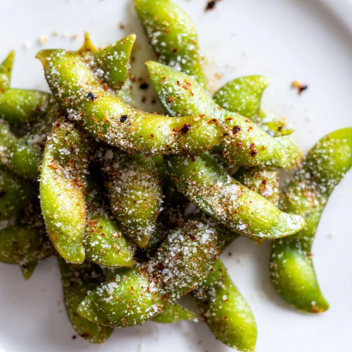 Crispy seasoned edamame beans tossed with garlic powder and smoked paprika after air frying