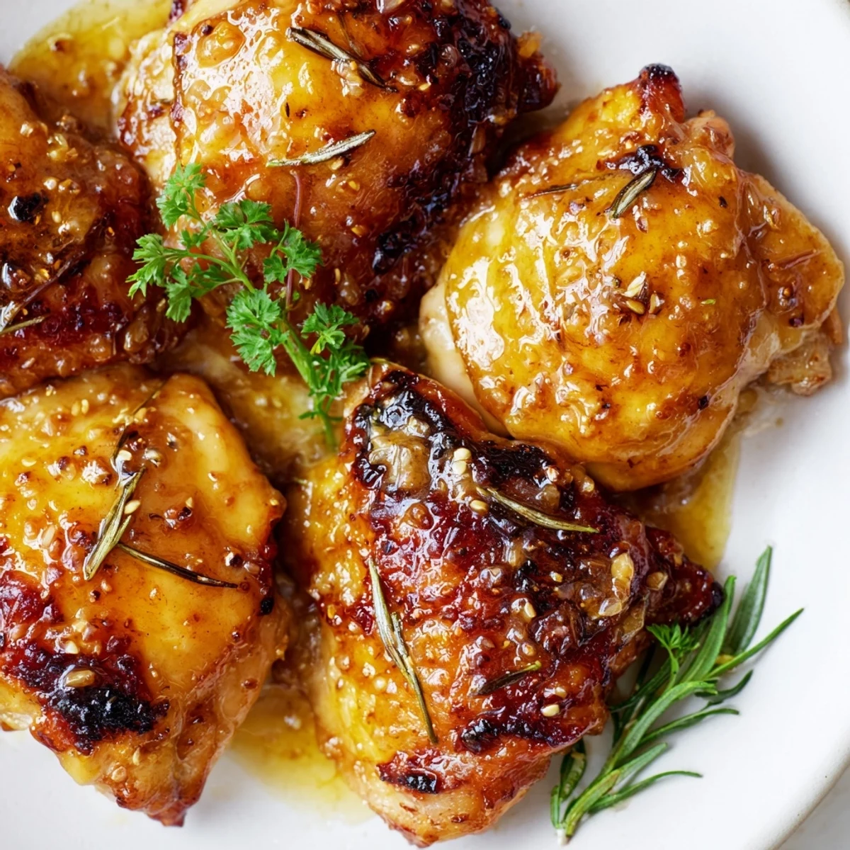 Tender oven-baked chicken pieces coated in sticky honey mustard sauce garnished with fresh parsley