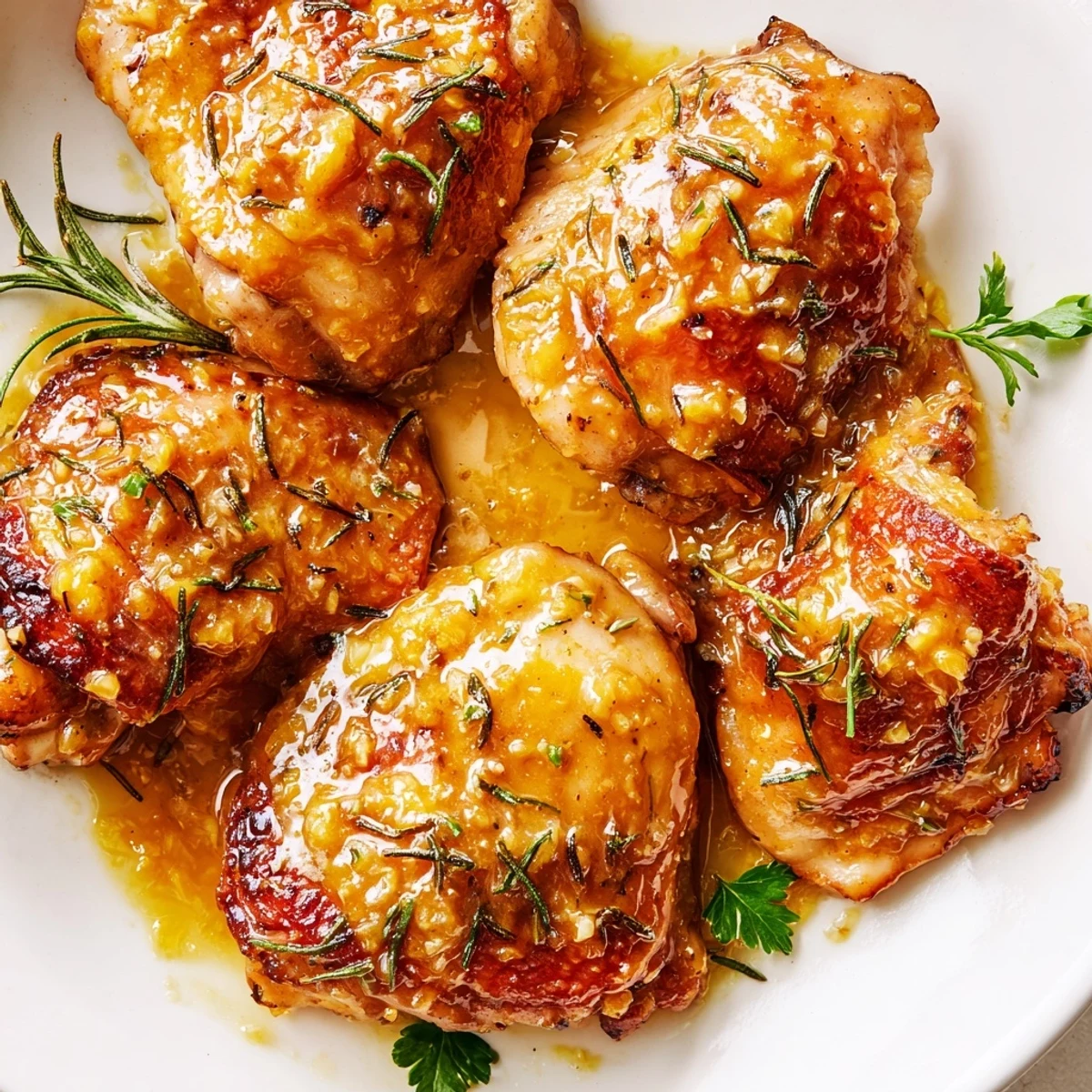 Golden glazed baked honey mustard chicken thighs with caramelized edges on a white plate