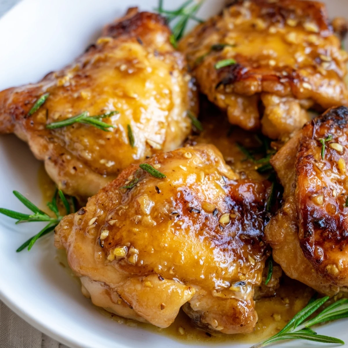 Savory sweet honey mustard chicken thighs fresh from the oven with bubbling sauce
