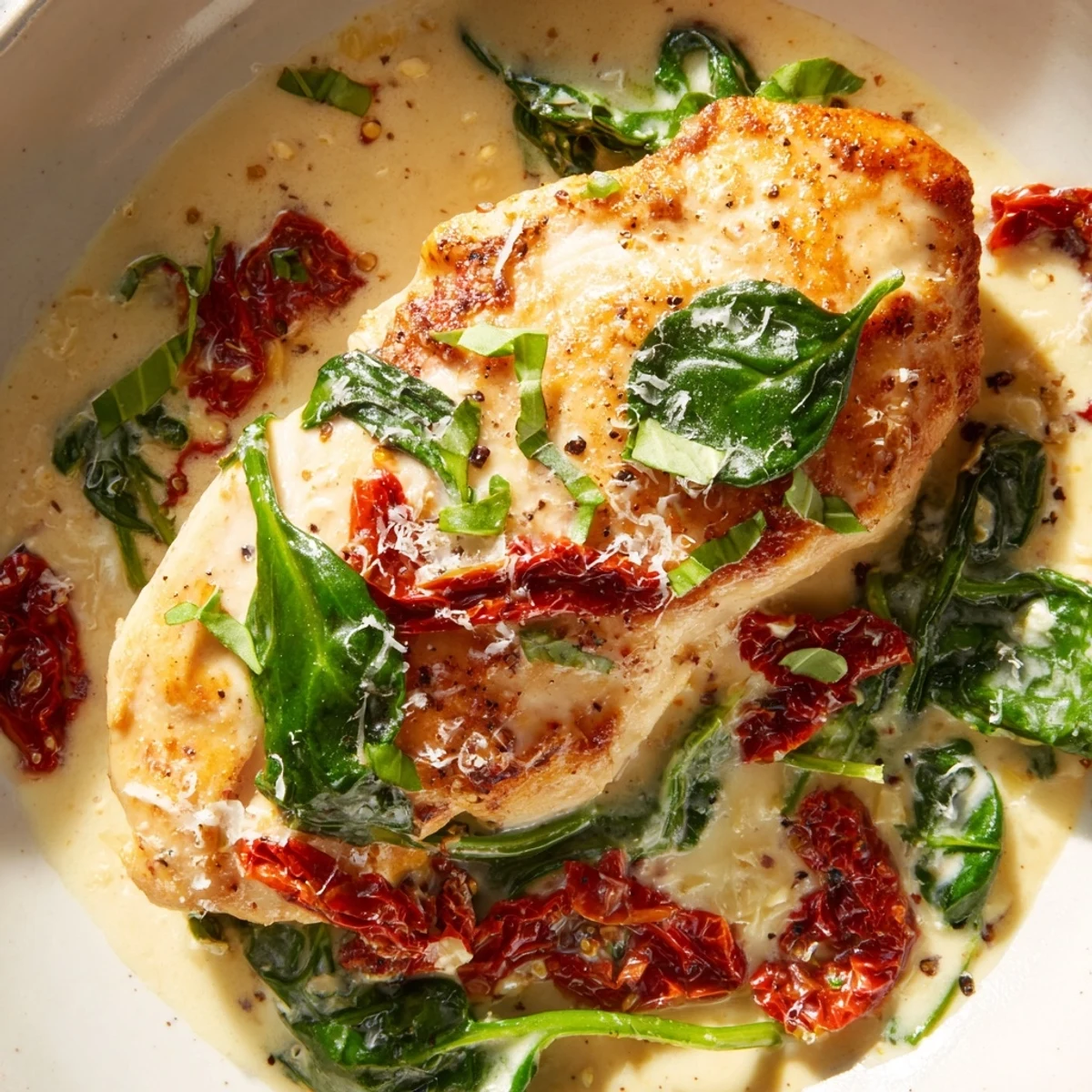 Golden pan-seared chicken breasts swimming in rich low carb creamy Tuscan chicken sauce with wilted spinach and sun-dried tomatoes