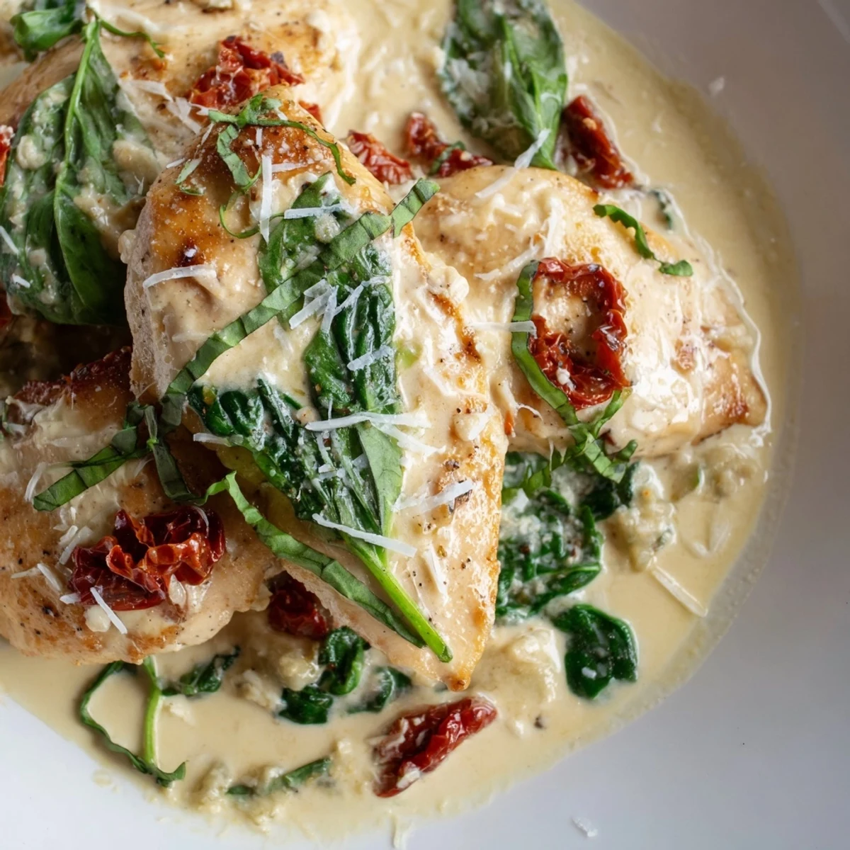 Succulent seasoned chicken plated low carb creamy Tuscan chicken style topped with parmesan and fresh basil garnish