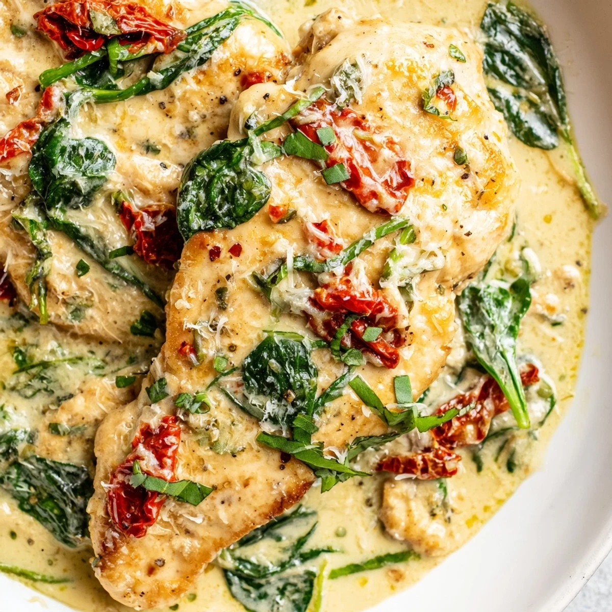 Skillet-cooked juicy chicken fillets in low carb creamy Tuscan chicken featuring garlic cream sauce sun-dried tomatoes and tender spinach