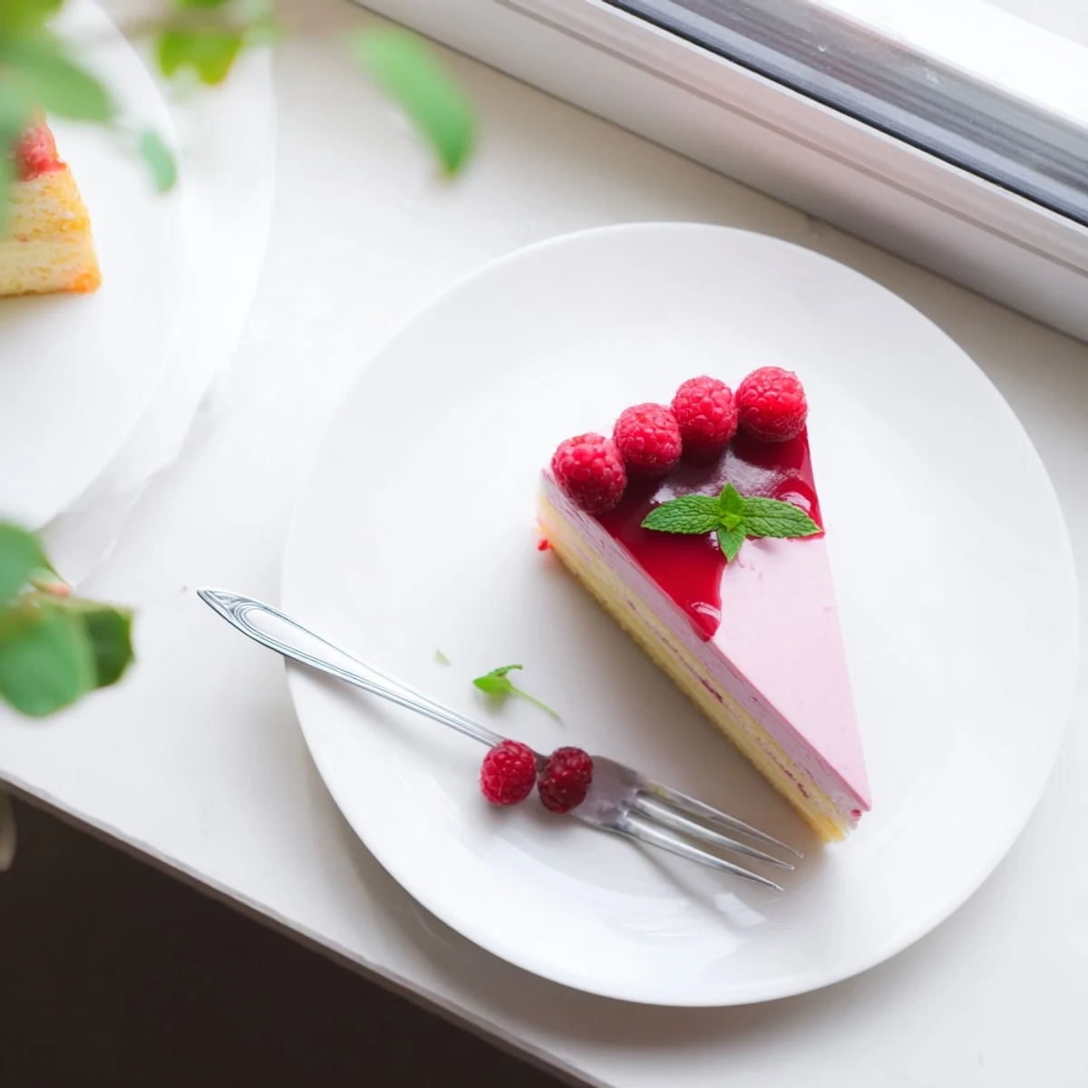 Light and airy raspberry mousse cake featuring fluffy almond sponge base topped with smooth raspberry glaze