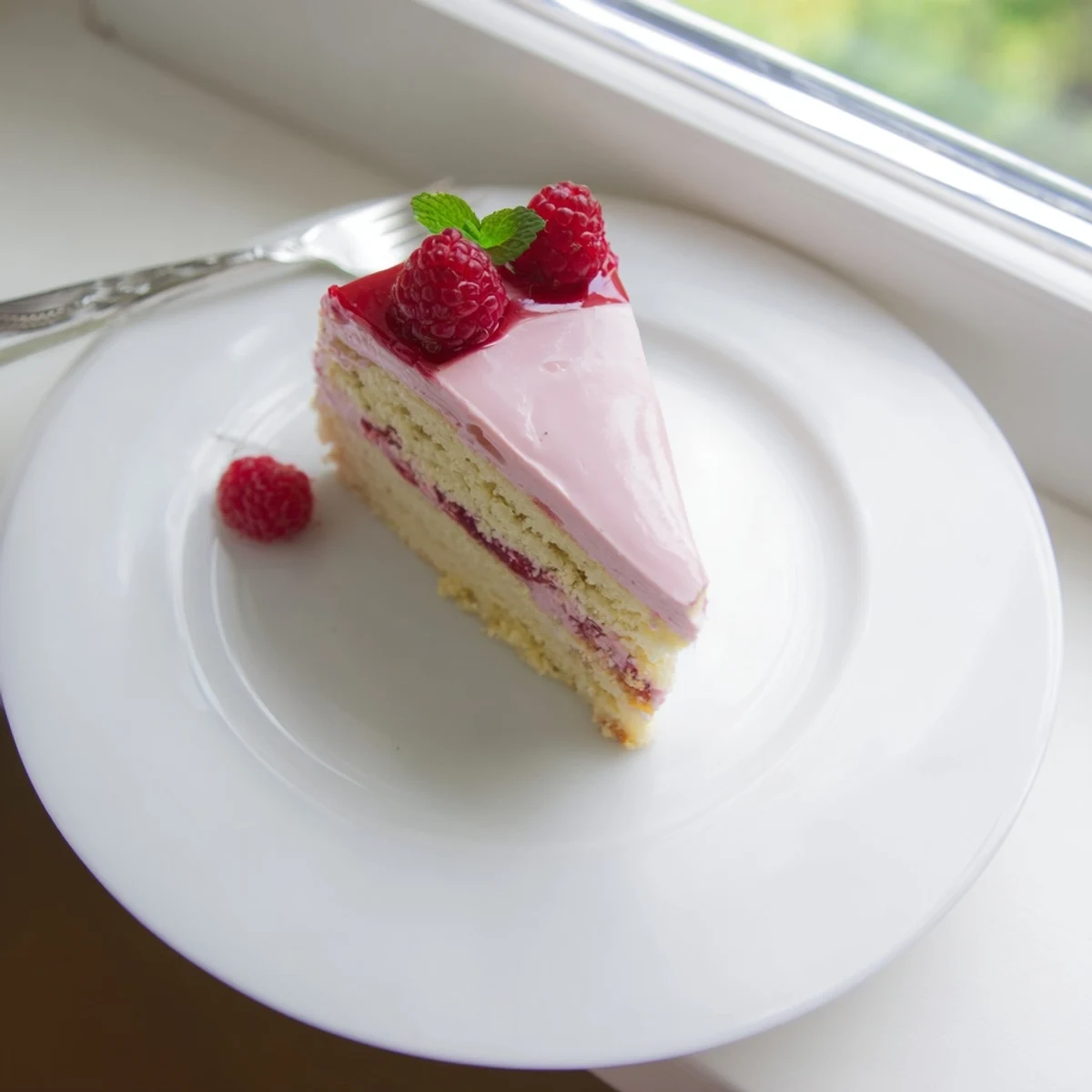 Elegant raspberry mousse cake layered on moist almond sponge with glossy red glaze and fresh berry garnish