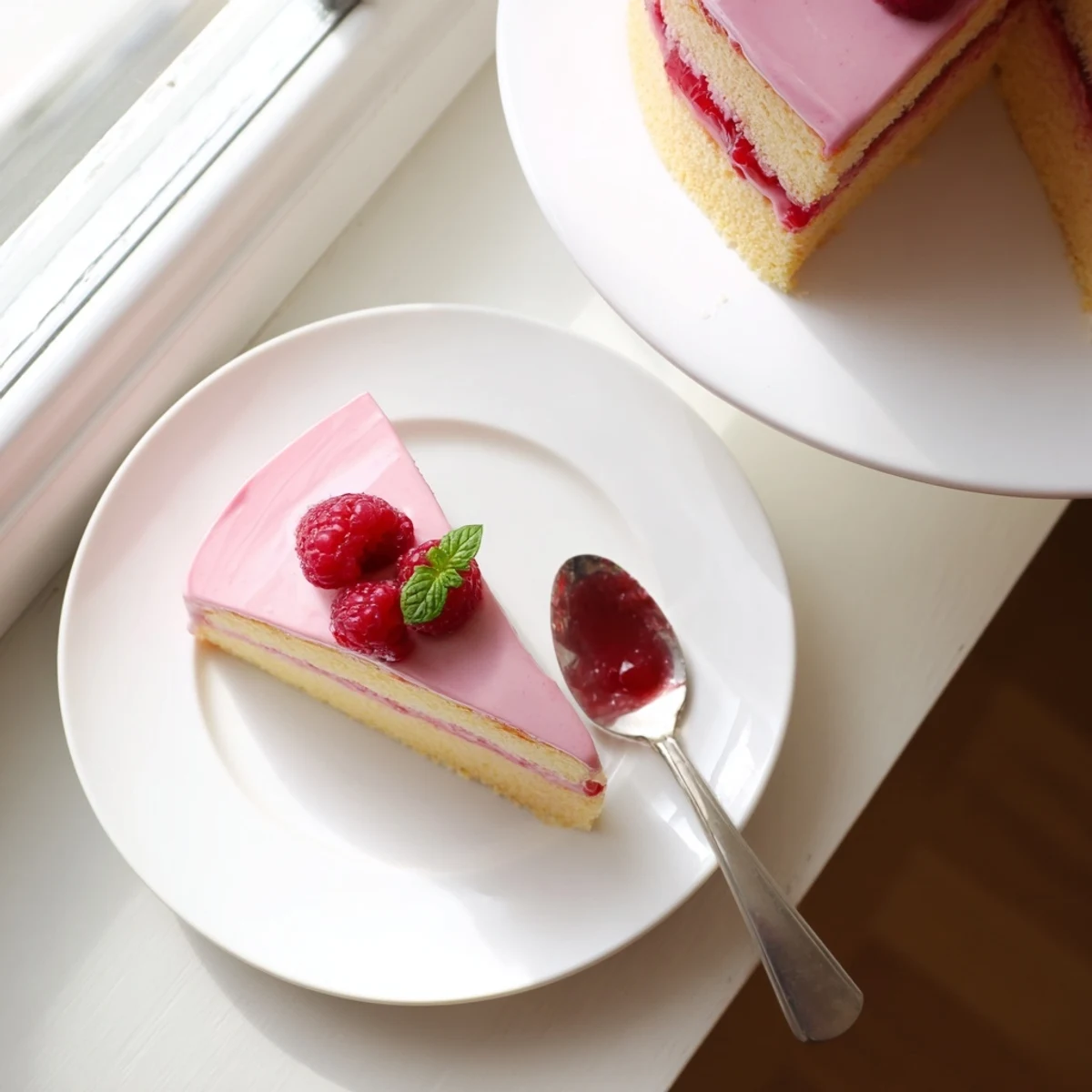 Slice of raspberry mousse cake showing vibrant pink layers atop tender almond sponge with raspberry topping