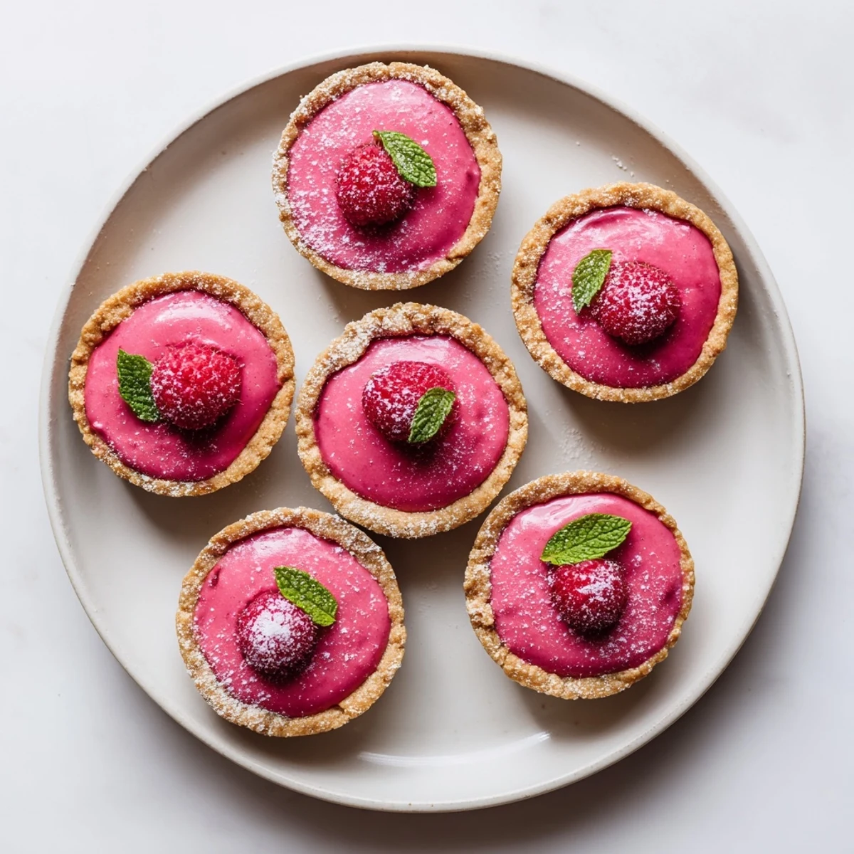 Golden mini vegan raspberry curd tarts topped with fresh berries and mint leaves