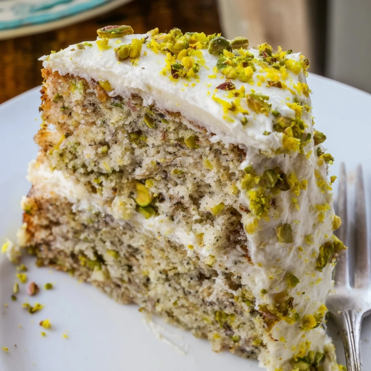 Golden slice of lemon pistachio cake with mascarpone frosting topped with chopped pistachios and bright lemon zest