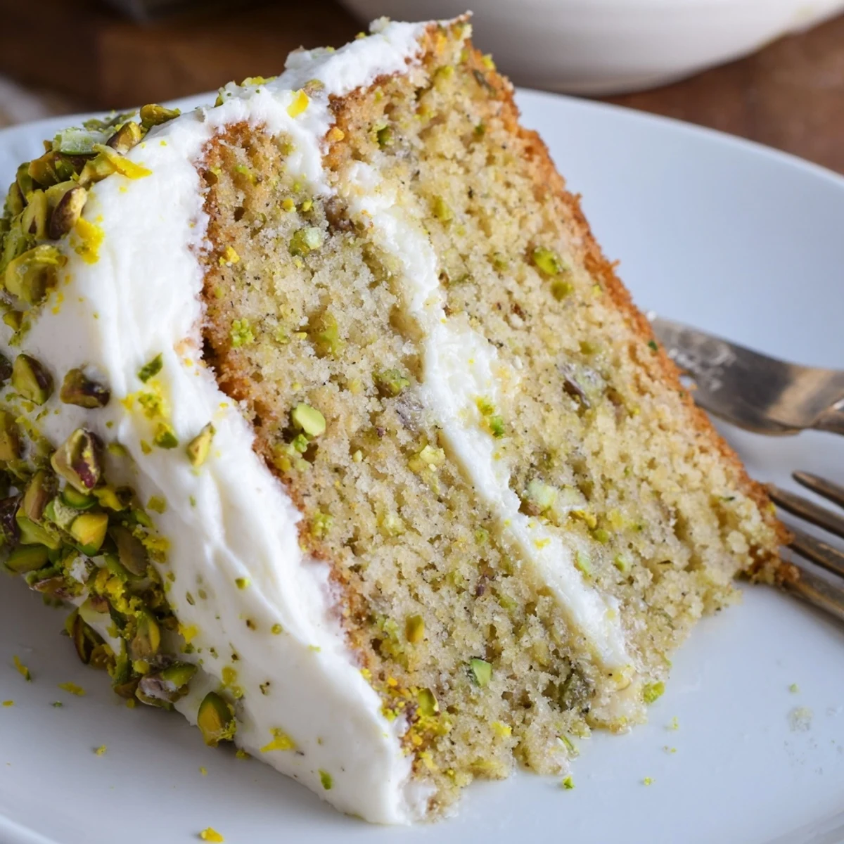 Elegant round lemon pistachio cake with mascarpone frosting sprinkled with green nuts and fresh citrus garnish