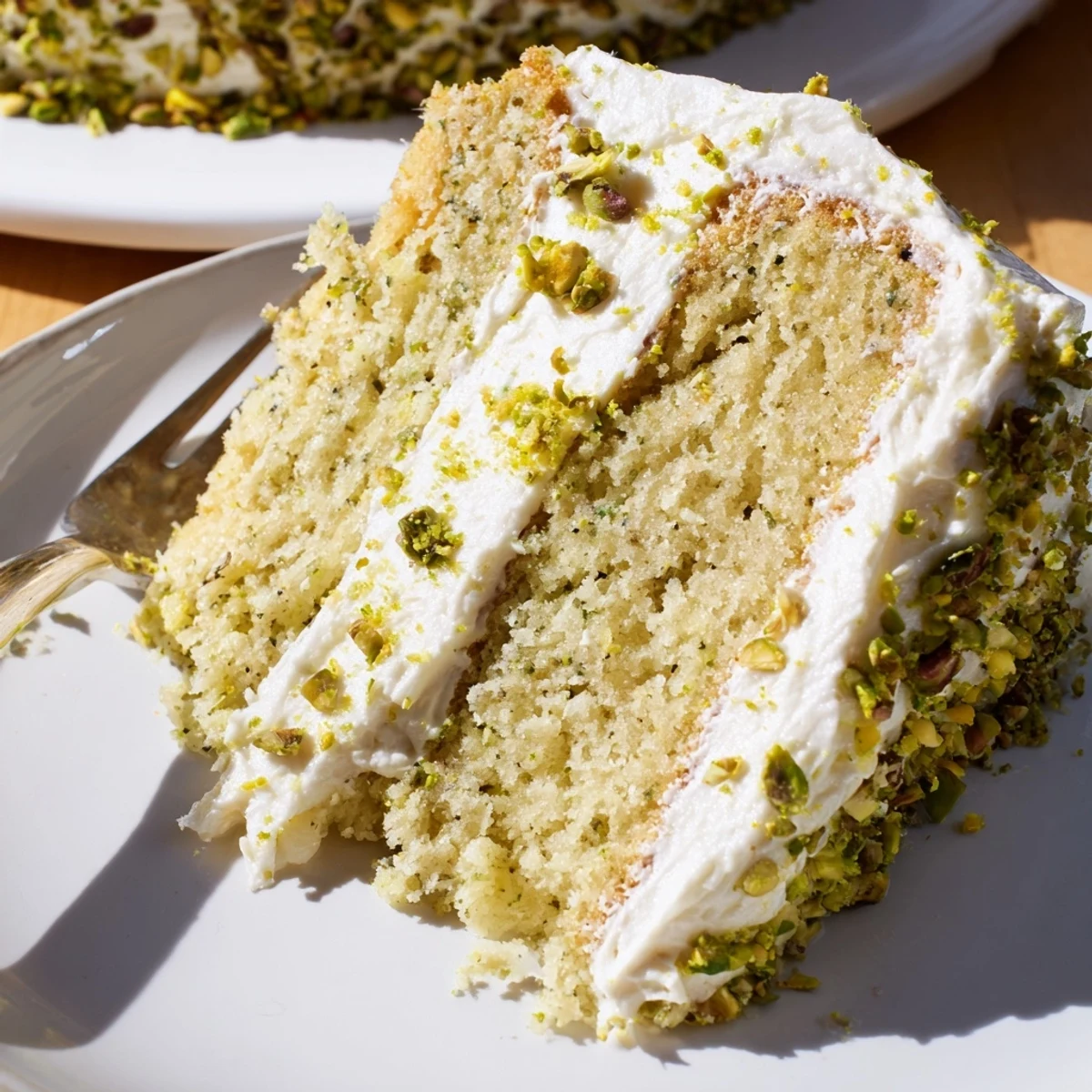 Moist lemon pistachio cake with mascarpone frosting plated on white dish with berry garnish and powdered sugar dusting