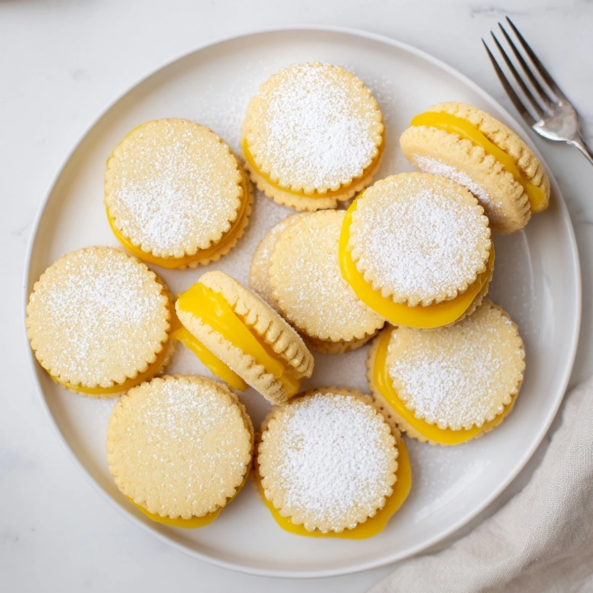 Golden gluten-free lemon sandwich cookies stacked on white plate with bright yellow vegan curd filling