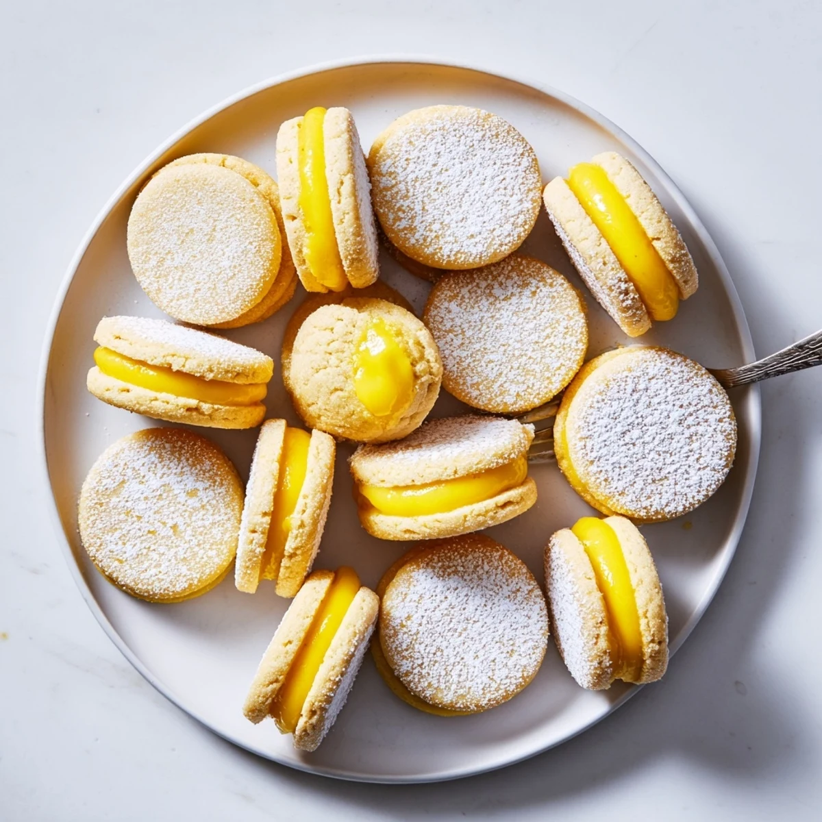 Two zesty lemon sandwich cookies on rustic wooden board showing thick layer of vibrant yellow curd