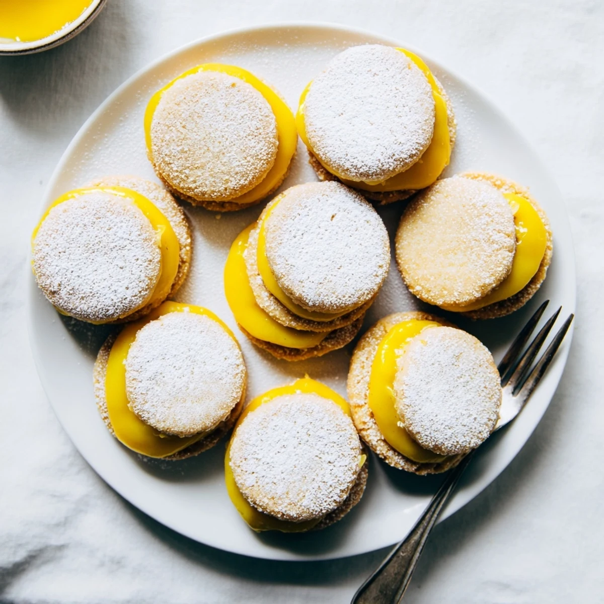 Close-up shot of vegan lemon sandwich cookies filled with tangy homemade curd and powdered sugar dust