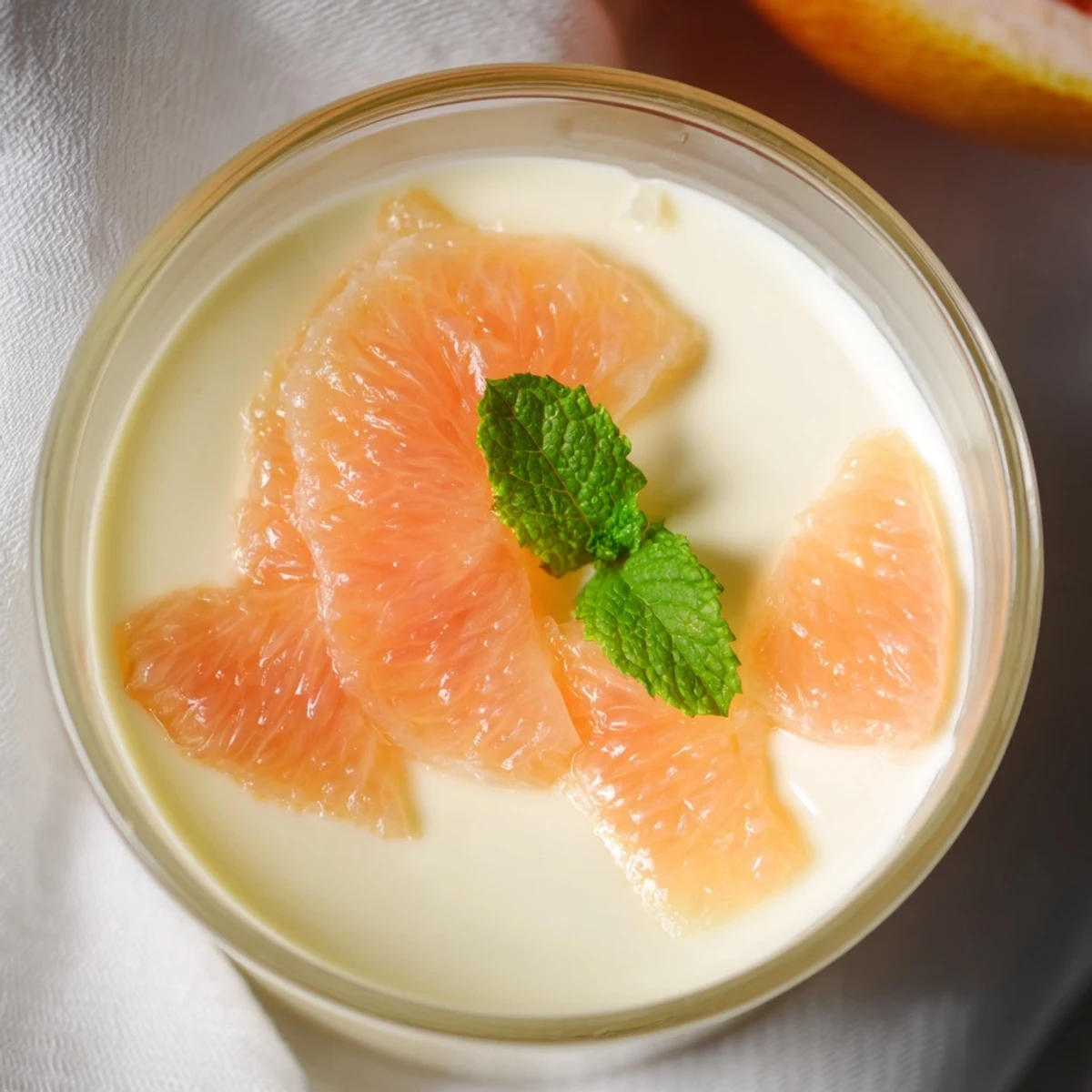 Creamy grapefruit panna cotta topped with fresh citrus segments and mint in clear glass ramekins
