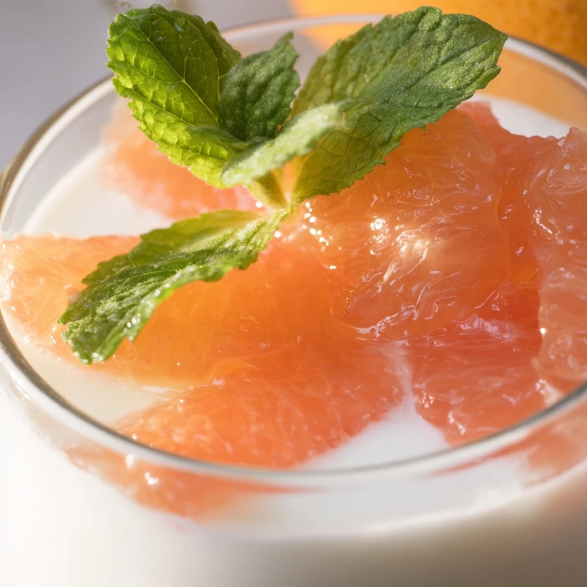 Silky smooth grapefruit panna cotta served chilled with juicy fruit topping and fresh herbs