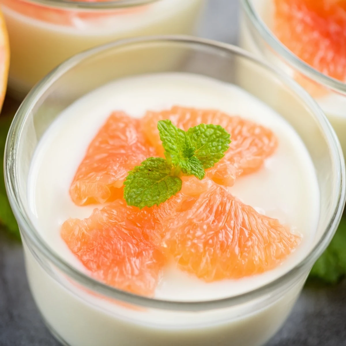 Elegant Italian grapefruit panna cotta dessert garnished with vibrant grapefruit wedges on a white plate