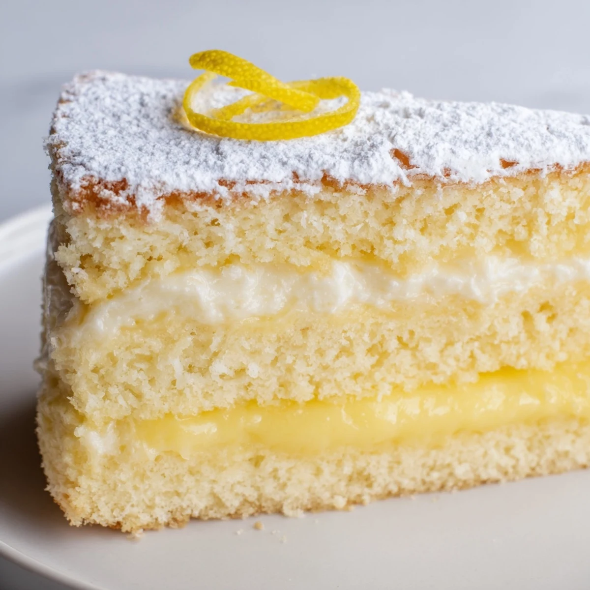 Golden Italian Grandmas lemon custard cake slice revealing creamy custard layers between bright yellow cake