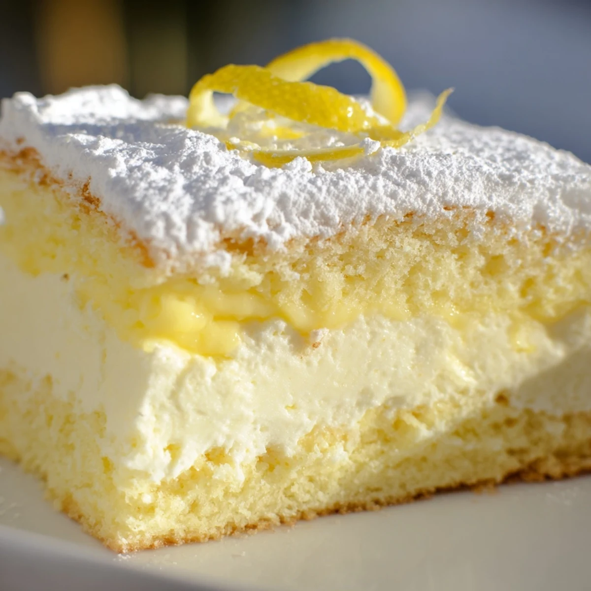 Dusted Italian Grandmas lemon custard cake served on white plate with fresh lemon curl garnish