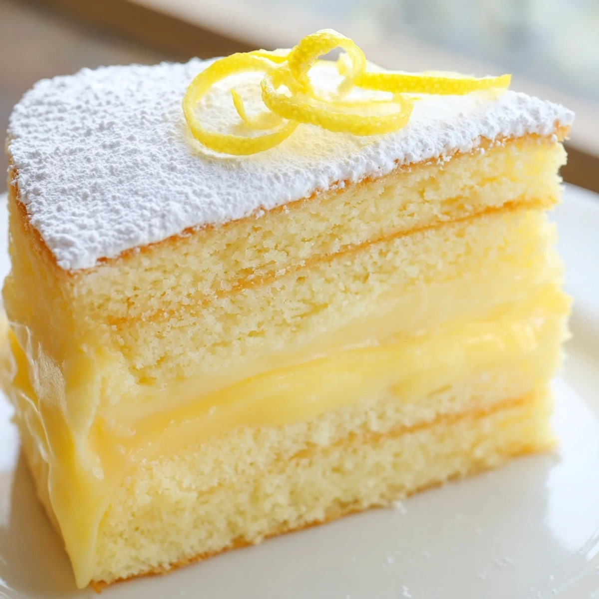 Cross section of Italian Grandmas lemon custard cake showing thick silky filling and fluffy sponge layers
