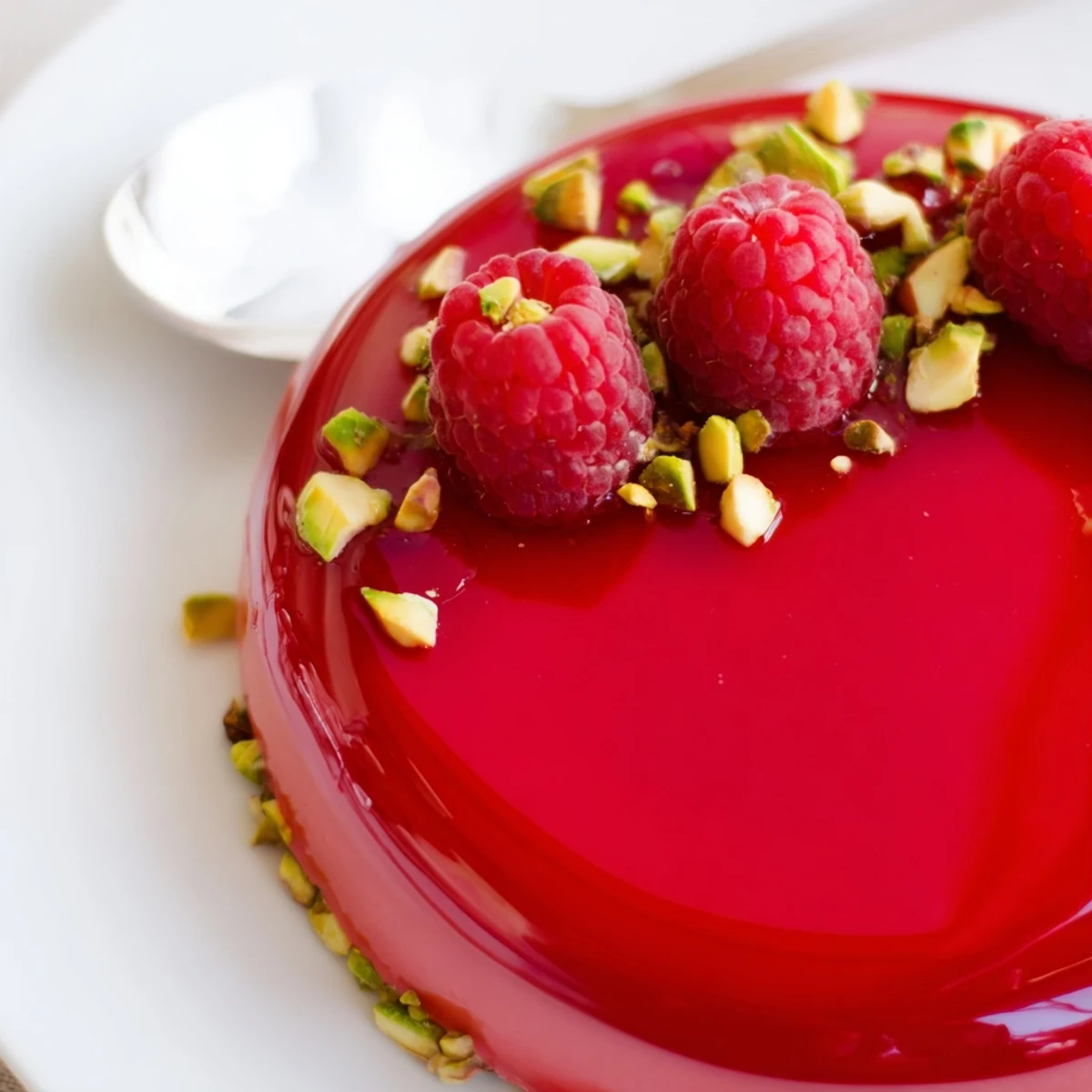 Individual French desserts featuring pistachio mousse layered with vibrant raspberry cream on pistachio sponge
