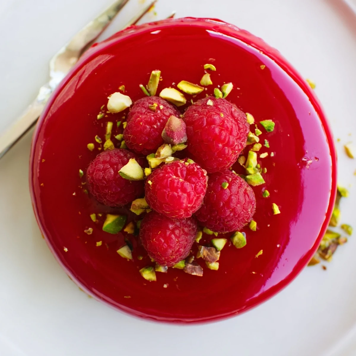 Elegant mini raspberry pistachio mousse cakes with glossy raspberry glaze and fresh raspberries