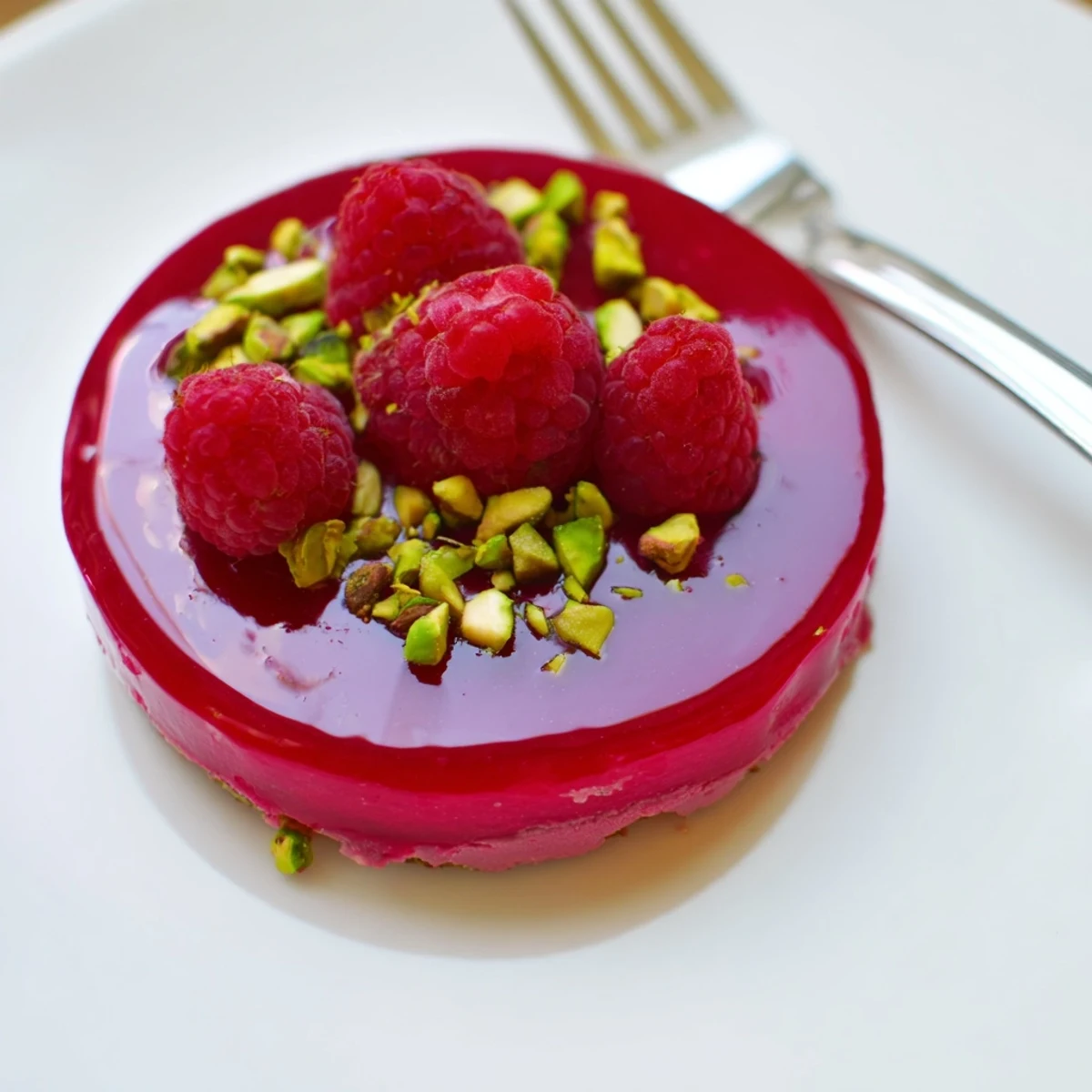 Glossy glazed raspberry pistachio mousse cakes topped with chopped pistachios and fresh berry garnish