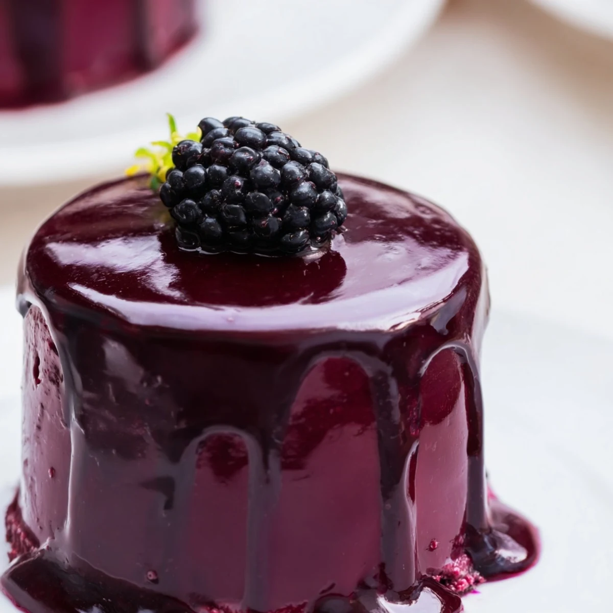Mini blackberry mousse cakes with glossy purple glaze and fresh berry garnish on white plate