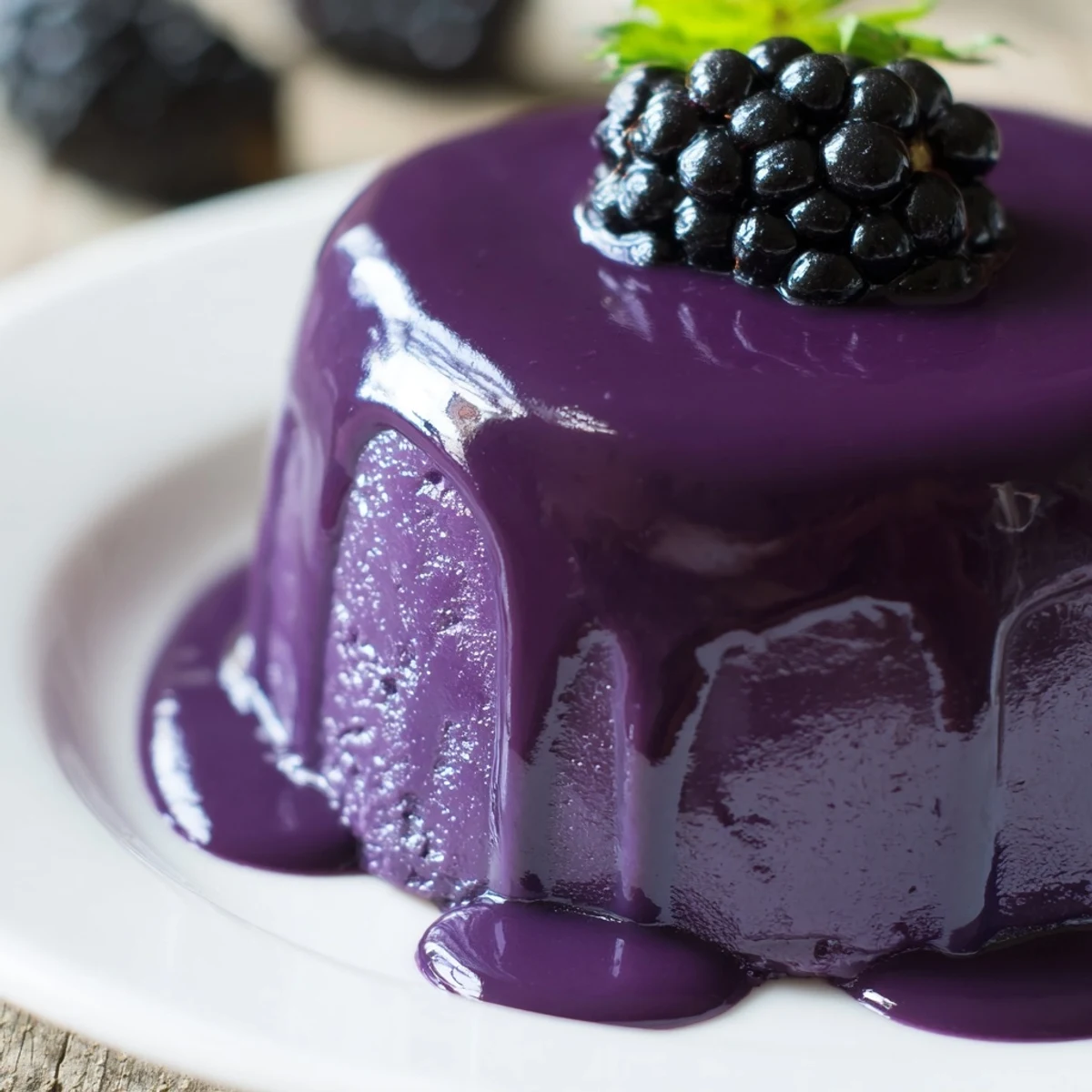 Individual blackberry mousse cakes featuring airy layered filling atop tender sponge base with mirror glaze